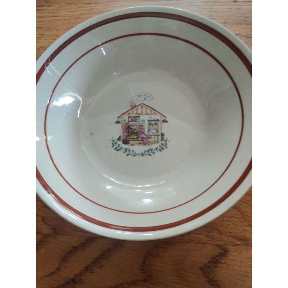 Century Stoneware 1 Bowl Country Kitchen Scene Fireplace Brown Band Cream White
